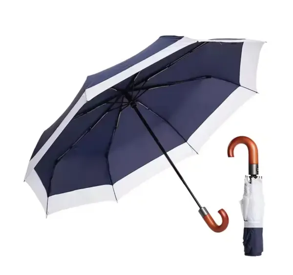 Wooden J-Handle Folding Travel Umbrella
